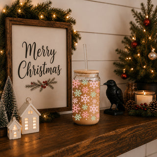 Christmas kitchen decor – glass cup with pastel snowflake design for holiday coffee bar
Pastel pink and green mint snowflake glass cup – Christmas coffee tumbler
Christmas glass cup 17oz with bamboo lid - Pastel pink mint snowflake tumbler with glass straw - Holiday drinkware gift