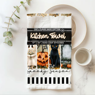 spooky season kitchen linen with pumpkins and spiderwebs
halloween décor towel with script spooky season wording
ghost pumpkin kitchen towel for rustic farmhouse fall décor
spooky season decorative towel for tiered tray display