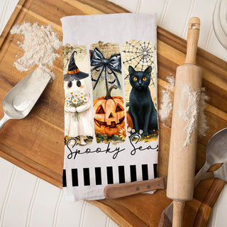spiderweb and jack o lantern halloween kitchen décor towel
graveyard and black cat halloween dish towel modern style
spooky season text towel with ghost pumpkin and grave
chic halloween kitchen towel with ghost pumpkin and cobweb