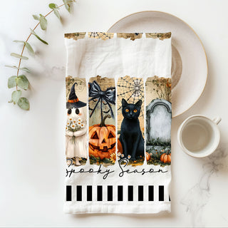 fall halloween kitchen décor towel with ghost and spiderweb bow
black and white striped spooky season towel farmhouse style
halloween hostess gift spooky season flour sack cotton towel
modern spooky kitchen towel for october decorating