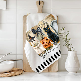 modern farmhouse halloween towel black white and orange design
ghost and black cat halloween hand towel for guest bathroom
spooky season kitchen towel with modern halloween art
ghost pumpkin black cat towel for fall home décor
