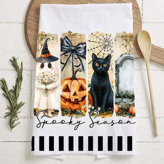 spooky season halloween kitchen towel with ghost and black cat
modern halloween dish towel ghost pumpkin spiderweb grave
black cat and pumpkin spooky season flour sack towel
ghost holding flowers halloween tea towel with spooky scene