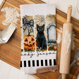 spiderweb and jack o lantern halloween kitchen décor towel
graveyard and black cat halloween dish towel modern style
spooky season text towel with ghost pumpkin and grave
chic halloween kitchen towel with ghost pumpkin and cobweb