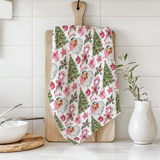 christmas pattern towel with trees bows and candy canes
cute repeating christmas icons kitchen towel design
holiday print cotton towel santa claus motif
christmas pattern textile kitchen towel festive theme
modern farmhouse christmas kitchen towel pink santa