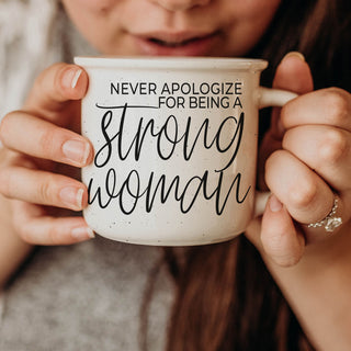 feminist quote ceramic coffee cup for women
inspirational strong woman mug gift
14oz strong woman affirmation coffee mug
neutral speckled strong woman ceramic mug
woman holding never apologize for being a strong woman mug
motivational coffee mug for powerful women
girl power mug with empowering quote