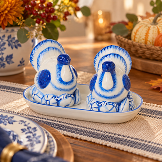Decorative turkey shakers for dining table
Thanksgiving table setting accessories
Turkey salt pepper set with ceramic tray
Dolomite turkey salt and pepper shakers
Blue turkey salt and pepper shakers with tray
