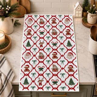 classic christmas dish towel for cozy holiday kitchen decor styling
festive christmas kitchen towel for baking decorating and entertaining
holiday kitchen towel with traditional christmas characters and pattern
farmhouse christmas towel with festive red green holiday design
cozy christmas kitchen decor towel with classic holiday elements
