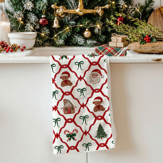 flour sack christmas towel with traditional holiday prints
Retro holiday kitchen decoration
Vintage inspired Christmas kitchen decor
Christmas variety kitchen towel cotton
Vintage holiday kitchen towel design