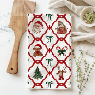 Traditional holiday kitchen decoration
Classic Christmas kitchen collection
Heritage holiday kitchen accessories
Holiday kitchen theme decoration
Christmas themed kitchen linens
red and green christmas towel with classic holiday icons
country christmas kitchen towel festive holiday design
farmhouse holiday kitchen towel santa gingerbread decor