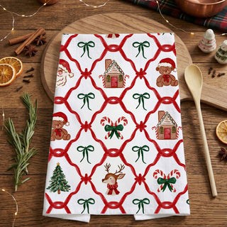 classic christmas dish towel for cozy holiday kitchen decor styling
festive christmas kitchen towel for baking decorating and entertaining
holiday kitchen towel with traditional christmas characters and pattern
farmhouse christmas towel with festive red green holiday design
cozy christmas kitchen decor towel with classic holiday elements