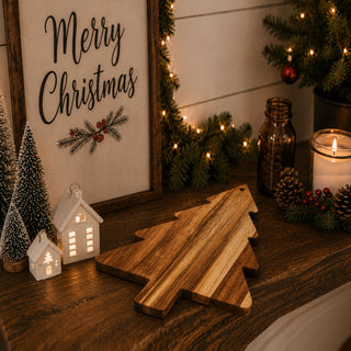 Christmas tree-shaped acacia cutting board hanging in a holiday kitchen
Wooden Christmas tree board hanging from its built-in display hole
Acacia wood cutting board displayed as Christmas kitchen décor
Hanging Christmas tree cutting board in a rustic farmhouse kitchen
Wooden holiday serving board hanging beneath a decorated kitchen shelf
Christmas tree board displayed on a wall with festive greenery
Decorative acacia wood tree board hanging in a Christmas kitchen
