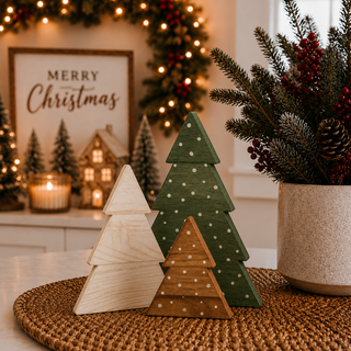 Wooden Christmas tree decorations in a cozy holiday living room
Rustic Christmas tabletop décor with three wooden trees
Boxwood Christmas trees displayed in a festive home
Farmhouse Christmas decorations for a mantel or shelf
Wooden tree figurines styled with Christmas greenery and lights
Christmas shelf décor featuring green white and natural wood trees
Rustic wooden Christmas decorations for a cozy home