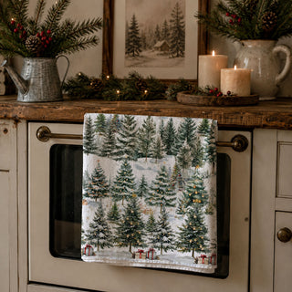 holiday kitchen towel styled neutral rustic kitchen
christmas towel displayed on cutting board winter trees
kitchen towel styled minimal holiday decor forest