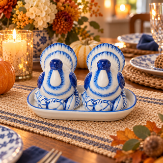 Blue and white chinoiserie fall decor
Blue and white turkey Thanksgiving centerpiece accent
Thanksgiving salt and pepper set for kitchen table
Cute fall kitchen accessories
Turkey decor for Thanksgiving dinner table