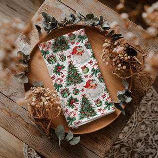 festive dish towel with ornaments trees and santa pattern
christmas towel detailed holiday icons seasonal decor
holiday kitchen towel with christmas greenery and gifts
festive towel with red bows candy canes and ornaments