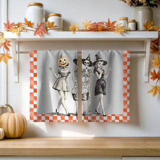 mid century halloween print towel with skeleton trio
vintage halloween hostess gift cotton flour sack towel
retro halloween pinup girls towel for candy bar décor