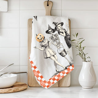 i dream of genie halloween costume style towel illustration
classic halloween party towel with pumpkin head hostess
orange checked vintage halloween towel for bar cart styling