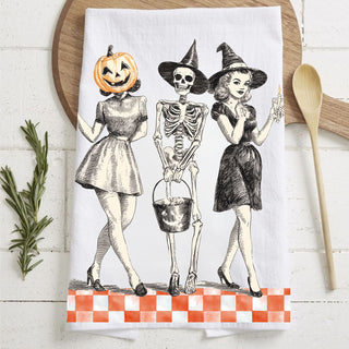 timeless halloween kitchen towel with retro witch and skeleton
Vintage Halloween Ghouls Kitchen Towel – Pumpkin Head, Skeleton & Witch Retro Checkered Dish Towel