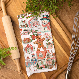 Pink Vintage Christmas Kitchen Towel – Retro Holiday Decor, Cute Santa Tea Towel, Unique Christmas Gift for Women, Farmhouse Holiday Kitchen