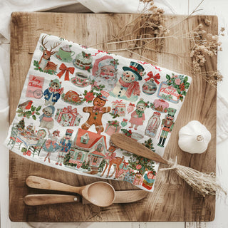 vintage pink santa claus illustration tea towel
pink nostalgic christmas decor towel retro holiday vibe
pink kitsch christmas kitchen towel vintage santa style
soft feminine christmas kitchen towel pink retro theme
pink vintage christmas collage kitchen towel design