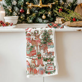 pink christmas hand towel farmhouse kitchen accessory
pink holiday towel for kitchen cleaning and decor
pink christmas kitchen towel everyday holiday use
pink kitsch christmas kitchen towel retro santa aesthetic
vintage pink santa claus pattern tea towel holiday decor