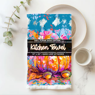 artistic fall kitchen towel with painted pumpkin and florals
colorful boho pumpkin towel for modern farmhouse kitchen
hand painted style pumpkin towel with acorns and leaves
bright fall dish towel with teal blue sky and pumpkin art
bright watercolor style pumpkin towel for cottage kitchen
colorful fall kitchen linen with bold pumpkin print