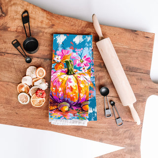 teal and pink pumpkin towel for unique autumn décor
statement pumpkin kitchen towel for modern fall home
colorful fall harvest towel with pumpkin and acorns
watercolor style pumpkin cotton towel for thanksgiving hostess gift
festive multicolor pumpkin towel for holiday entertaining décor