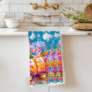 color pop fall towel for neutral kitchen makeover
unique pumpkin art towel for non-traditional fall décor
colorful autumn pumpkin towel for bar cart decorations
teal and pink pumpkin towel for trendy fall kitchen décor
whimsical colorful pumpkin towel for fun thanksgiving hosting