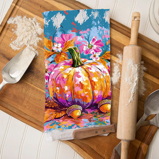 turquoise background pumpkin dish towel for trendy fall décor
hand painted pumpkin tea towel for artsy autumn lovers
colorful farmhouse fall towel with modern pumpkin artwork
cheerful pumpkin kitchen towel for year round autumn vibes