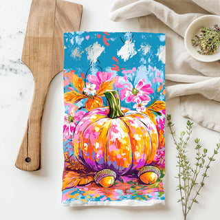 cheerful autumn kitchen towel with vivid pumpkin illustration
color saturated pumpkin towel for eclectic fall decorating
colorful fall centerpiece pumpkin towel for open shelving
artistic pumpkin wall-hanging style towel for seasonal décor
rainbow inspired pumpkin kitchen towel for festive fall home