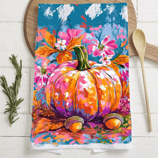 colorful thanksgiving pumpkin tea towel for hostess gift
bright harvest pumpkin towel for fall gift basket filler
unique artsy fall towel for colorful home accents
vibrant pumpkin and floral towel for autumn table décor
cheerful multicolored pumpkin towel for happy fall home