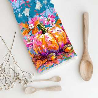 boho colorful pumpkin towel for eclectic autumn kitchen
bright fall kitchen towel for coffee bar decoration
vivid pumpkin and floral print towel for seasonal home décor
artistic fall pumpkin towel perfect for gift baskets