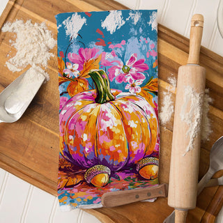 turquoise background pumpkin dish towel for trendy fall décor
hand painted pumpkin tea towel for artsy autumn lovers
colorful farmhouse fall towel with modern pumpkin artwork
cheerful pumpkin kitchen towel for year round autumn vibes
