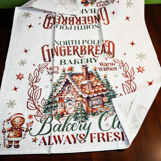 Gingerbread house Christmas kitchen towel cotton
North Pole bakery kitchen towel holiday design
Christmas gingerbread kitchen towel flour sack