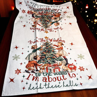 flour sack towel with "deck these halls" christmas quote
vintage christmas decor towel with kids and tree graphic