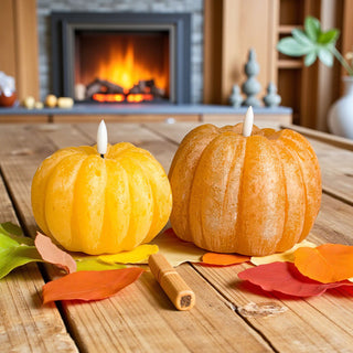 pumpkin spice inspired flameless candles
rustic fall LED wax candle centerpiece
Thanksgiving dinner table LED candle accents