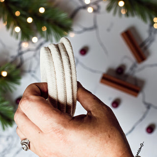 rustic Thanksgiving gift under 25 for host or hostess
modern boho fall decor coaster set with gift tag
Christmas gift idea braided coasters with ribbon