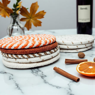 Brown braided rope coasters neutral gift set home accessories
Orange braided rope coasters fall gift set autumn home decor
handcrafted drink coasters with rustic farmhouse ribbon