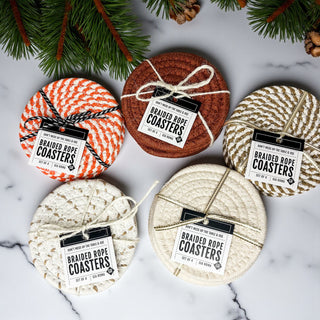 rustic braided coasters for farmhouse or boho fall decor gift set
holiday drink coaster set with braided rope ready to gift with tag