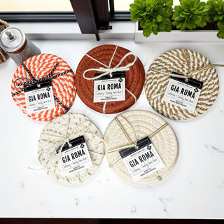 braided rope coasters set of 4 fall home decor gift with ribbon and tag
handmade fabric coasters in neutral and autumn colors perfect holiday gift