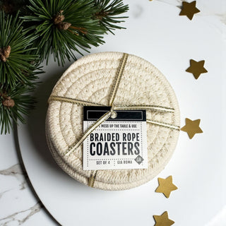 thoughtful housewarming gift neutral coaster set for everyday use
Braided rope coasters set of 4 fall colors gift set with ribbon and tag
boho style coaster set gift wrapped and ready to give