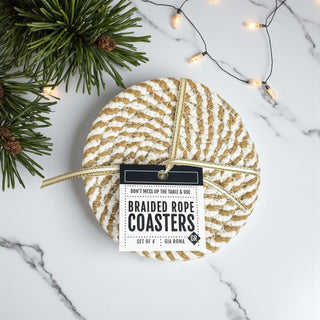 white and tan twisted coasters neutral boho home aesthetic
cream-colored holiday coasters giftable Christmas tableware
