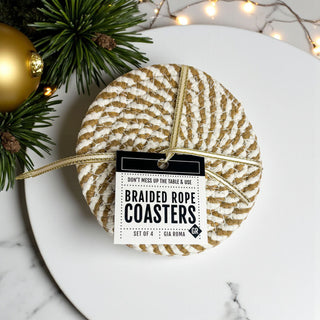 beige and white rope drink coasters natural neutral kitchen style
white cotton coasters with black and gold detail elegant farmhouse gift