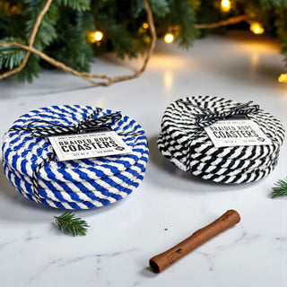Summer blue white braided rope coasters coastal home decor
Beach season blue and white braided coasters nautical gift
Coastal living blue white rope coasters braided home accessories