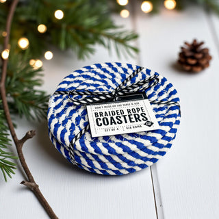 Four blue and white rope coasters braided coastal gift set
Blue white braided coaster quartet nautical home accessories
4-pack blue and white braided rope coasters coastal