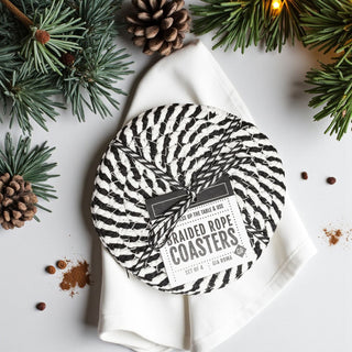 Table protection coasters black white braided rope gift set
Coffee table coasters black and white braided modern accessories
Bar coasters black white braided rope contemporary home decor
