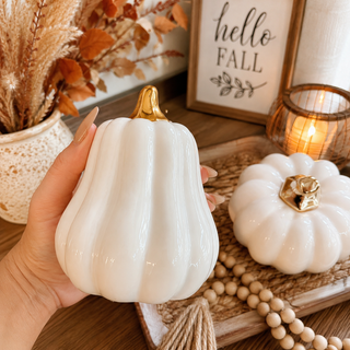 White Ceramic Pumpkin Set with Gold Stem – Neutral Fall Decor, Modern Minimalist Autumn Home Accents
Elevate your fall decor with this elegant white ceramic pumpkin set featuring gold stems. Perfect for neutral, modern, and minimalist home styling, these decorative pumpkins add a clean, timeless touch to autumn and Thanksgiving decor without the clutter.