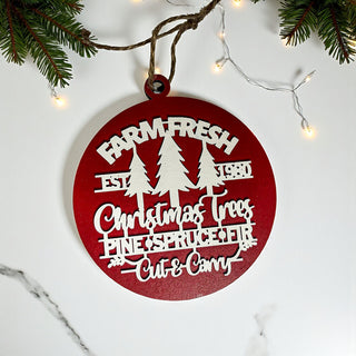 red and wood Christmas tree farm decoration
farmhouse Christmas ornament photographed in cozy holiday living room
wooden ornament displayed by Christmas tree and fireplace
rustic Christmas ornament in farmhouse holiday setting
red wooden ornament with Christmas tree background
Christmas tree farm ornament displayed in festive living room