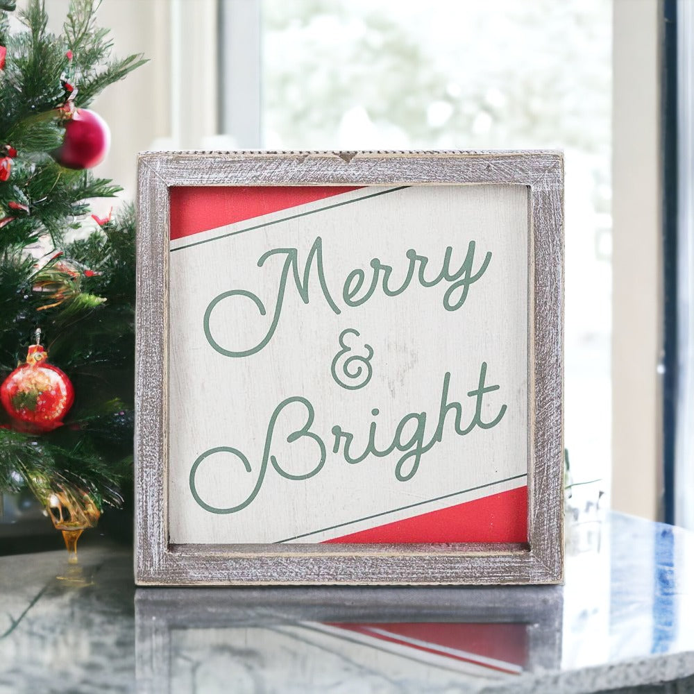Merry & Bright Wooden Christmas Sign in Red, Green and White