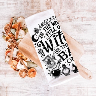 funny halloween bar cart towel with witch quote
black and white witchcraft towel for alternative fall décor
cute but wicked witch kitchen towel for spooky season gifts